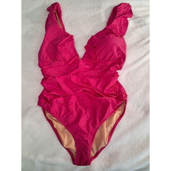 J. Crew Ruched Ruffle One Piece Swimsuit Fuchsia Pink Beach BP222 Size 20 NWT - Picture 2 of 8